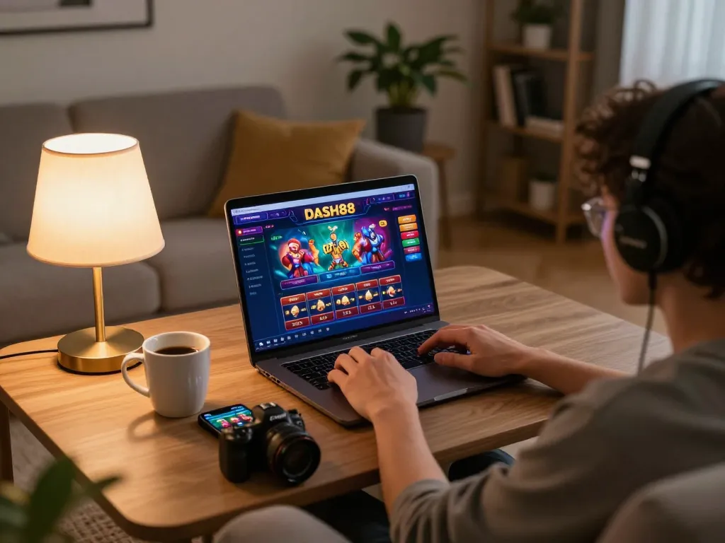 Engaging in strategic online gaming at dash88, featuring a vibrant laptop interface in a cozy setting.