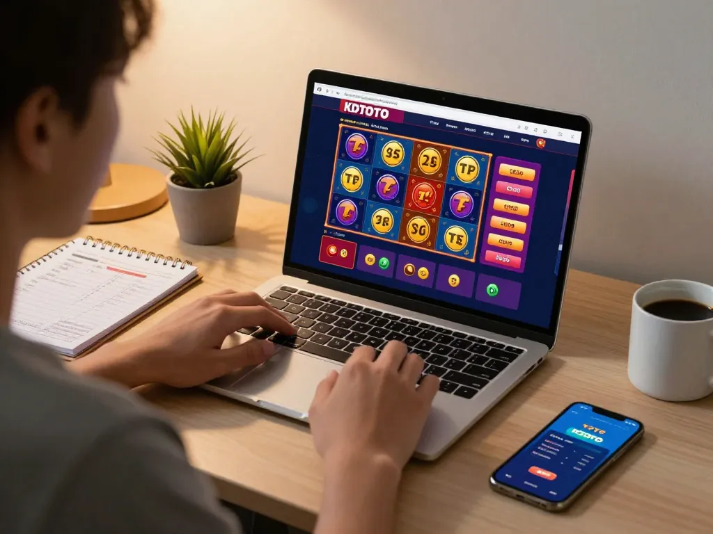 KDTOTO user engaging interactively with online slot games from home setup, emphasizing strategic gaming experience.