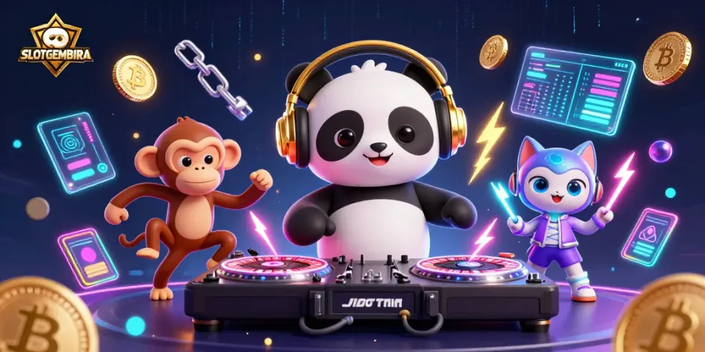 SLOTGEMBIRA showcases a lively casino scene with DJ panda and vibrant gaming elements.
