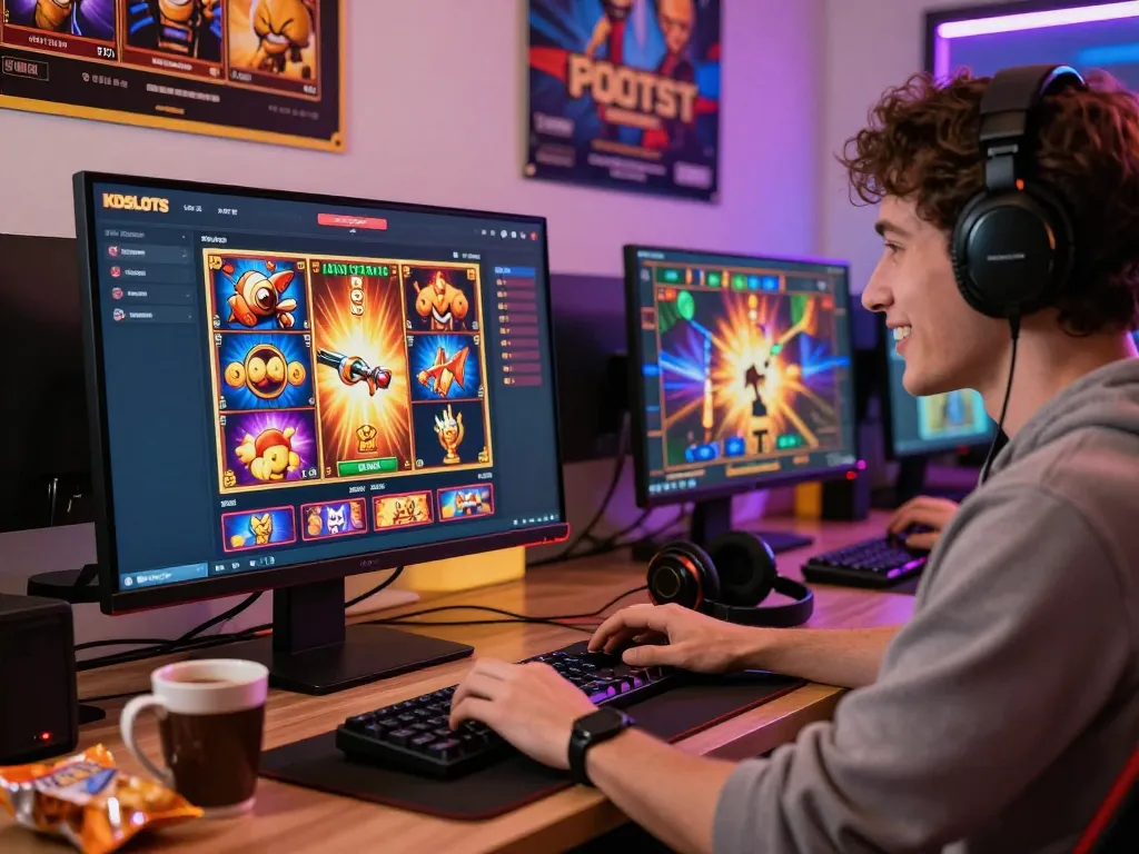 Engaged user on KDSLOTS platform enjoying online gaming experience with vibrant slot games.
