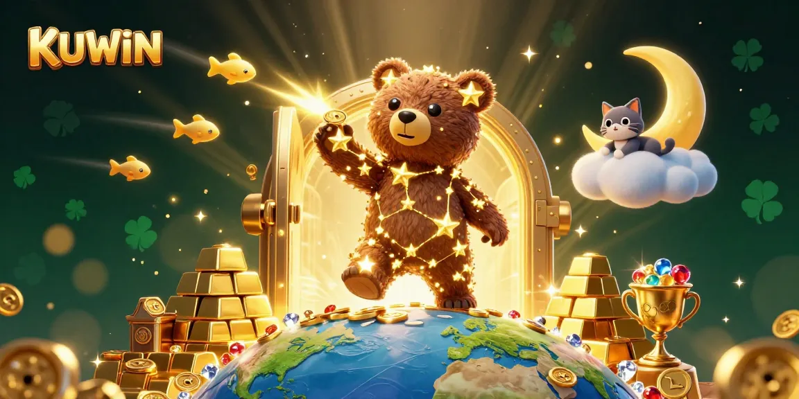 Win big with KUWIN as the constellation bear collects coins amidst a lively casino scene.