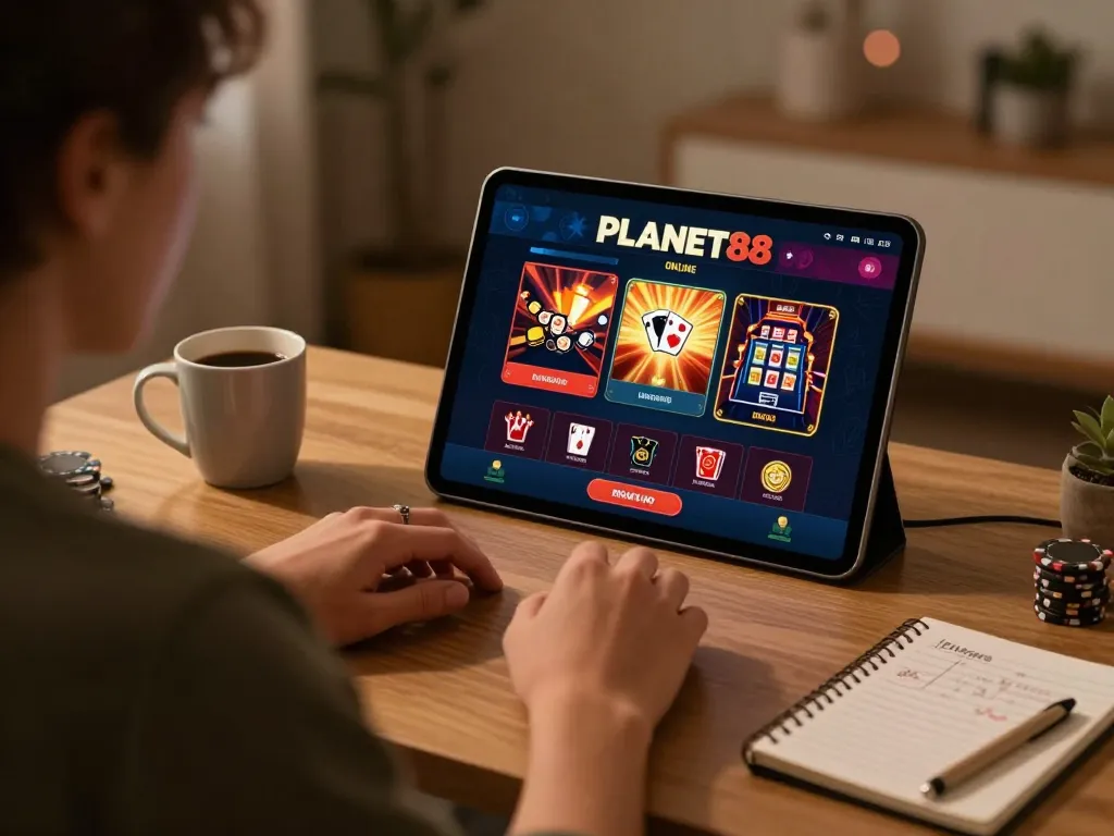 Player immersed in the PLANET88 online casino app on a tablet, showcasing responsible gameplay in a cozy home setting.