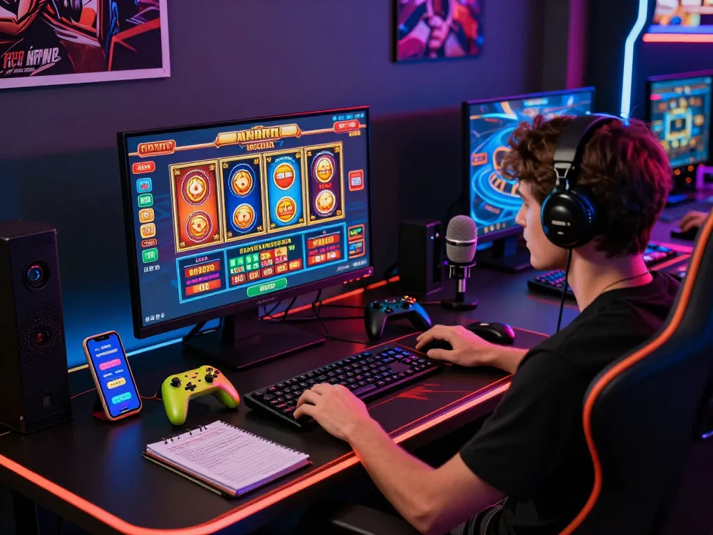 Dynamic online gaming scene featuring gaming desk, computer with casino games, and vibrant decor at https://rr99.it.com/.