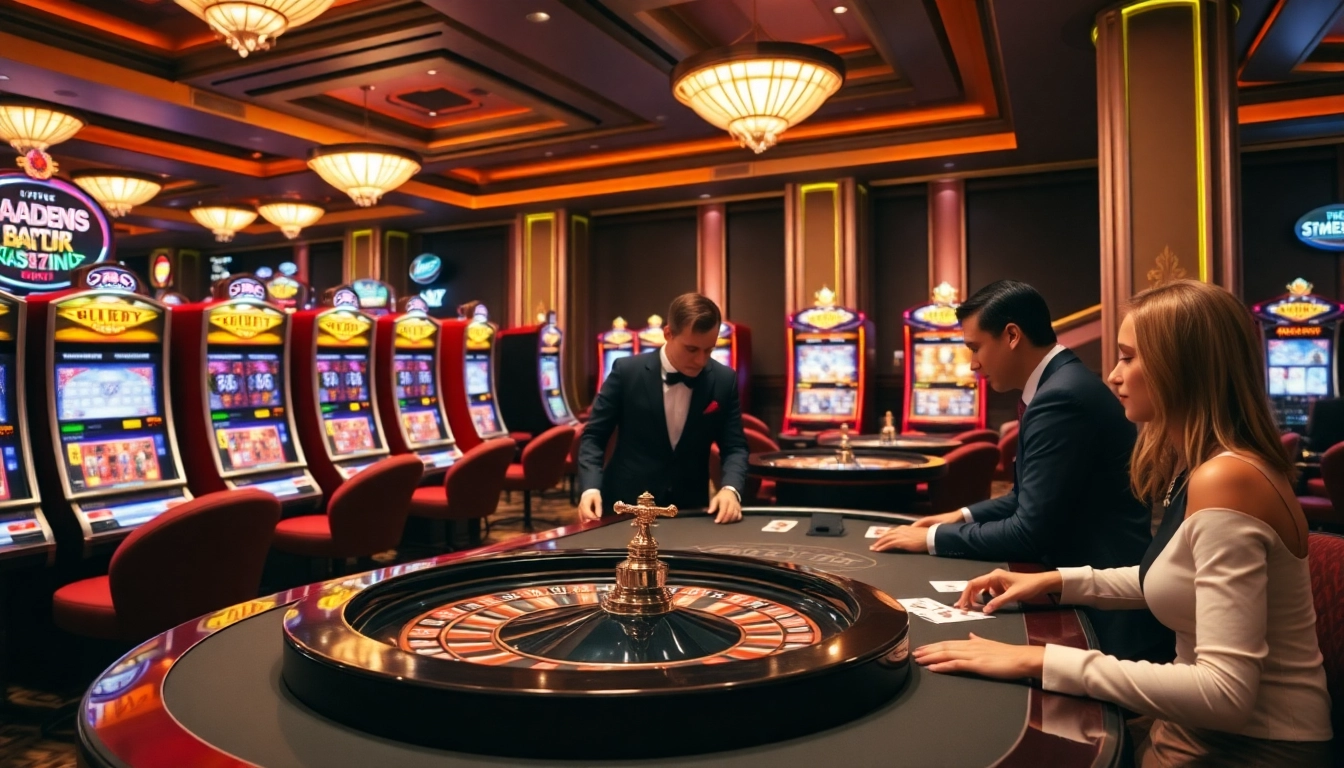 B52 casino gaming experience with poker chips and a lively roulette table
