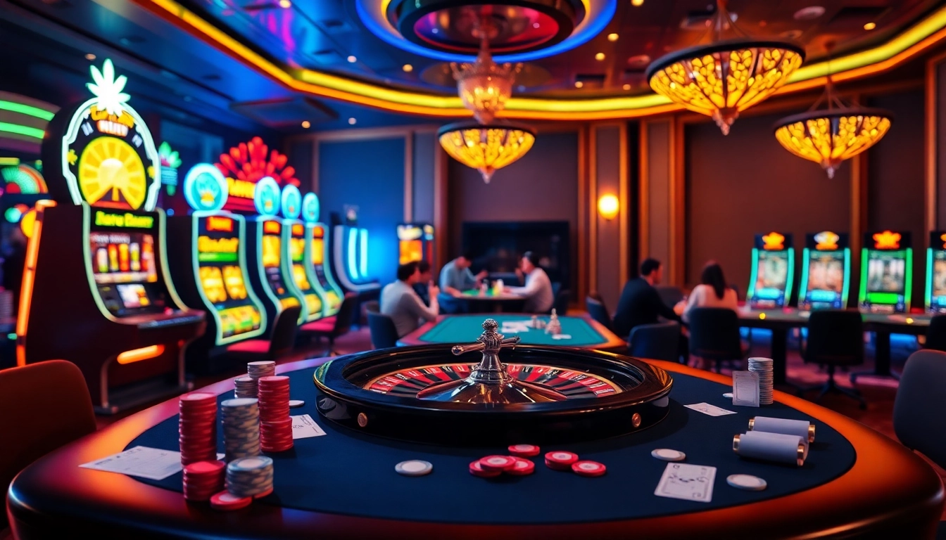 Experience the thrill of gambling with OKFUN at an exciting casino table filled with poker chips and vibrant slot machines.