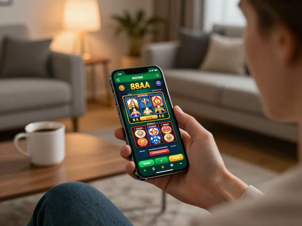 Person enjoying mobile gaming on 88AA app in a cozy living room setting