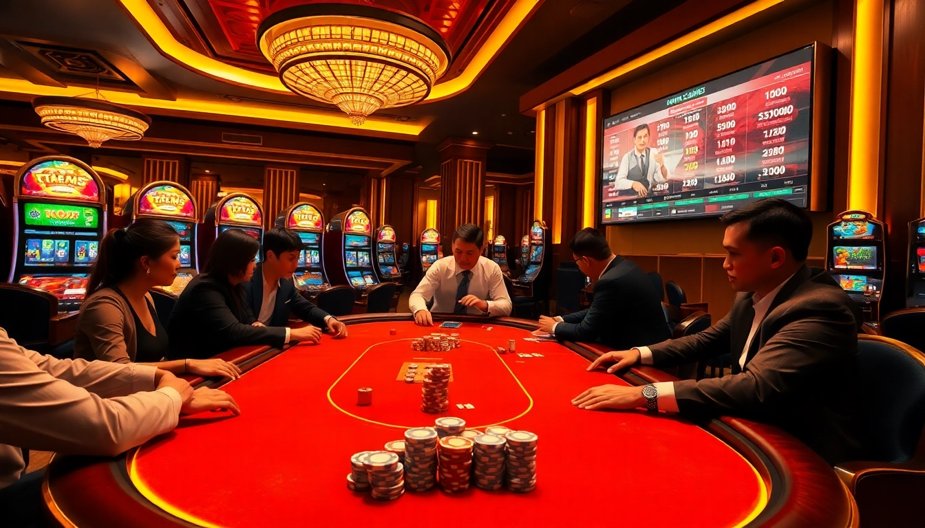 Cổng Game GO88 players enjoying live gambling action at a luxurious casino table, surrounded by vibrant atmosphere and electronic interfaces.