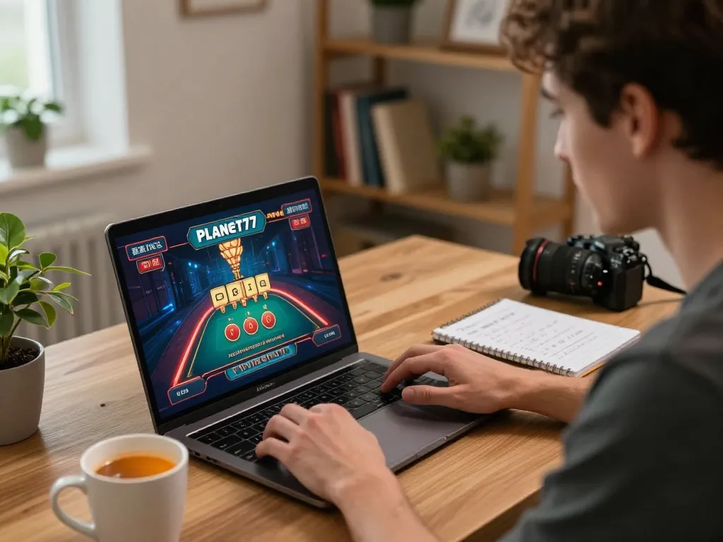 Pemain yang terlibat di rumah menikmati permainan kasino online Planet77 dengan catatan strategi di dekatnya