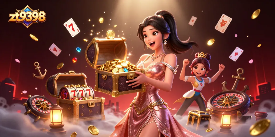 Experience excitement at zt9398 with a joyful winning atmosphere, vibrant casino elements, and treasures of gold.