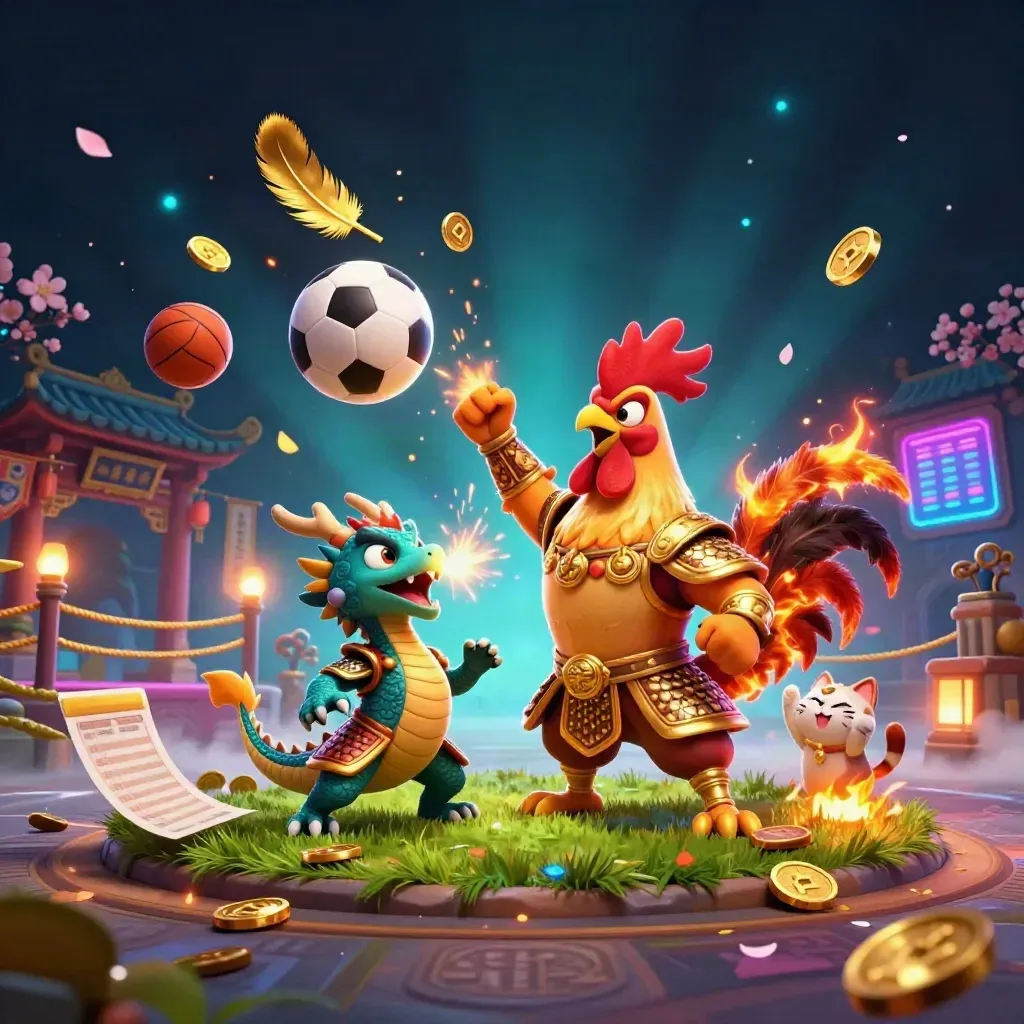 Rooster warrior, dragon hatchling, and fortune-cat amid flying balls, sparks, and neon casino effects.