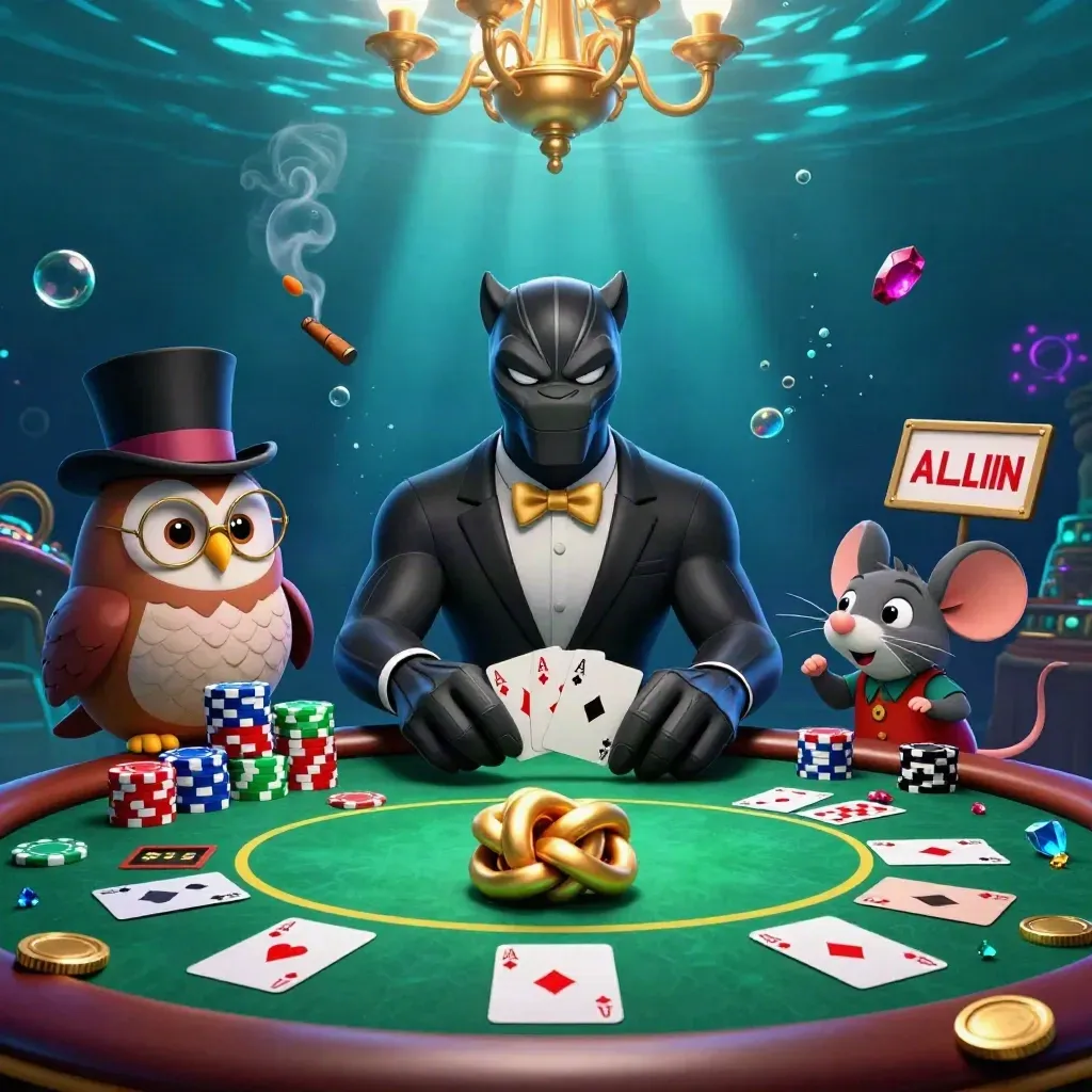Panther, owl, and mouse at a neon casino table with chips, cards, and glowing underwater light.