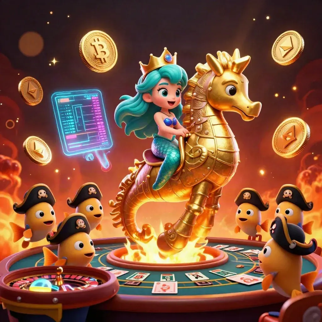 Mermaid princess on a golden seahorse with neon crypto coins in a fiery casino fantasy.