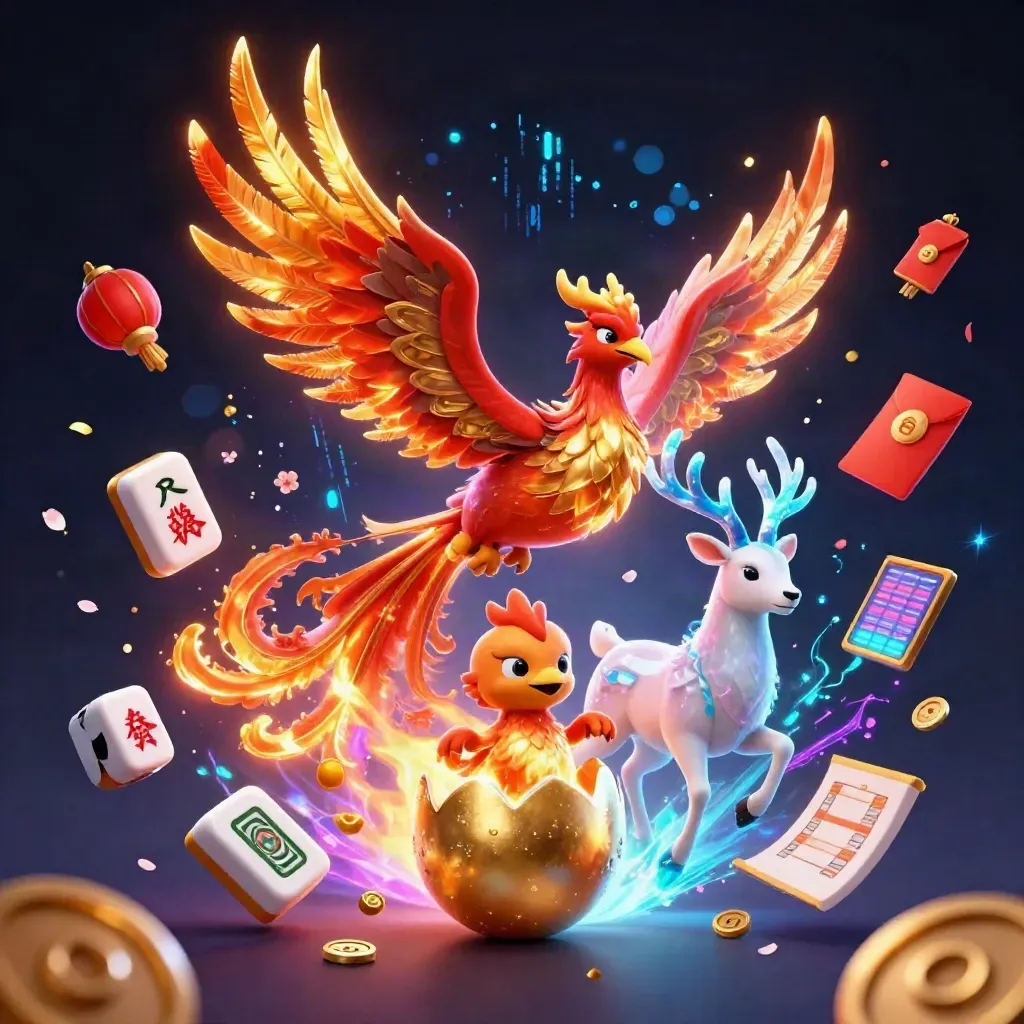 Phoenix, stag, and casino items burst through neon ice-lit darkness, ground-level and dramatic.