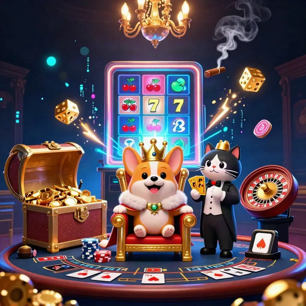 Corgi king and cat butler in a neon casino room with slot bursts, dice, gold, and a spinning roulette wheel