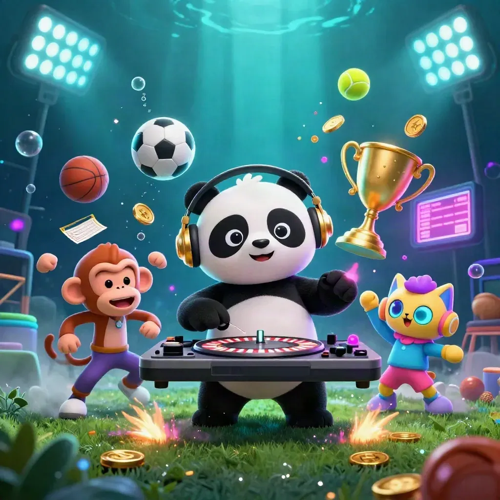 Neon panda DJ, monkey and kitten amid flying sports balls, coins and trophy in an underwater glow