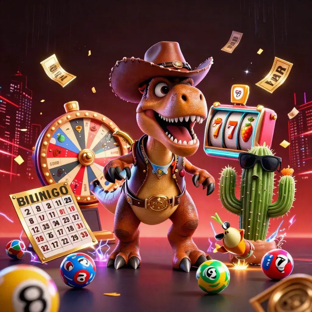 Cowboy T-Rex, cactus sidekick, and sheriff roadrunner burst amid casino prizes and neon energy.