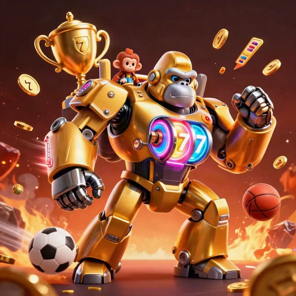 Golden gorilla mech with tiny monkey pilot amid flying sports balls, coins and neon casino glow