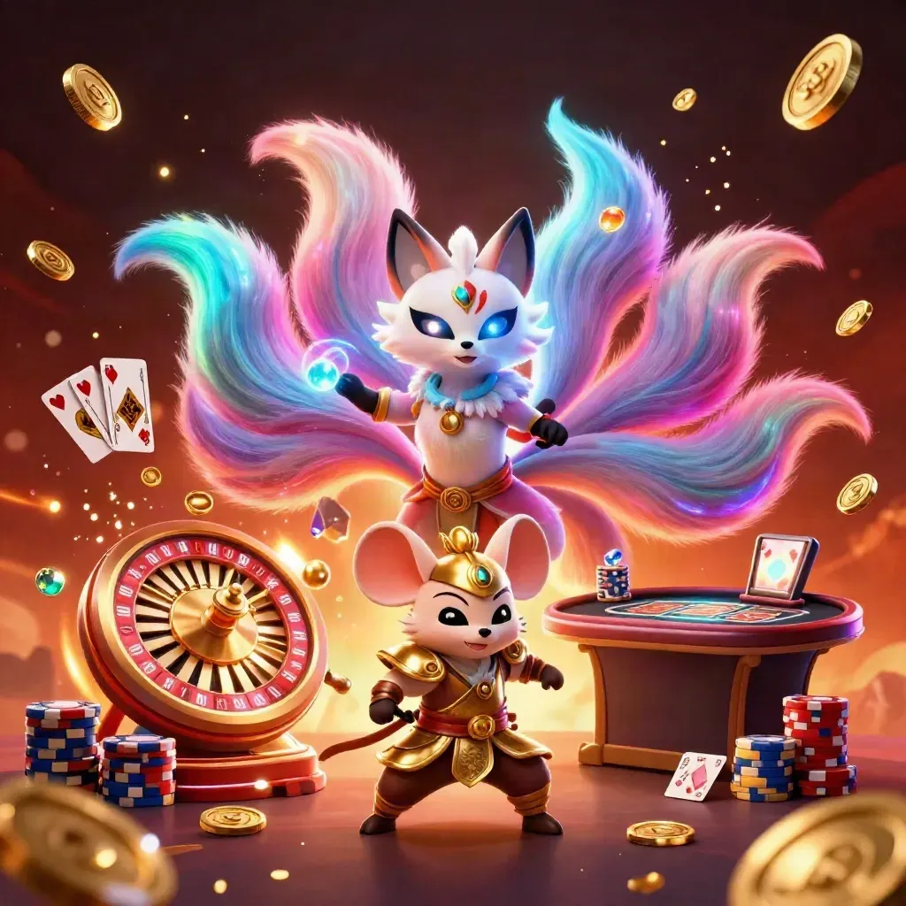 Fox spirit and samurai mouse amid casino gold, neon coins, wheel spin, and glowing chips.
