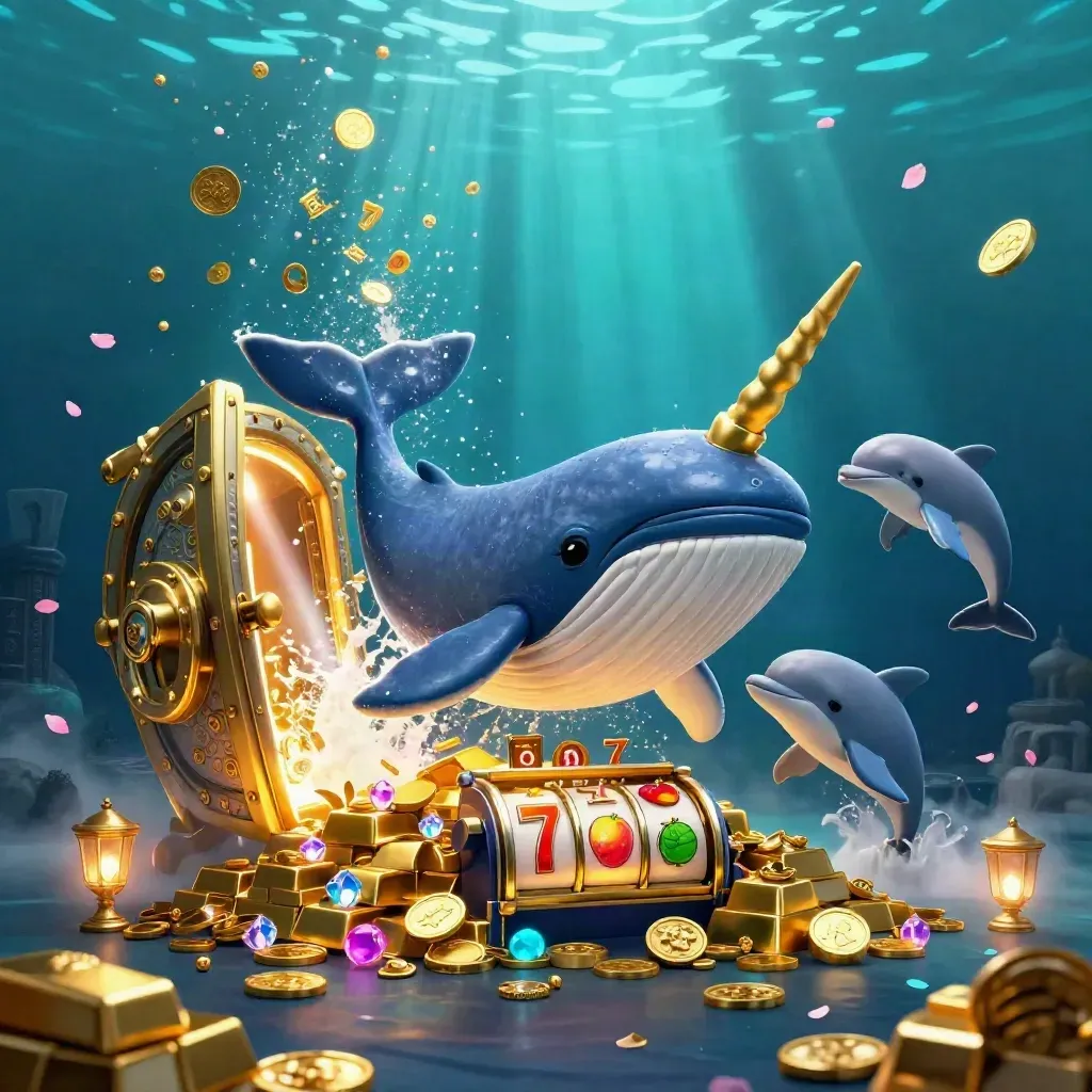 Whale captain, narwhal, and dolphins burst through coins beside a glowing treasure vault