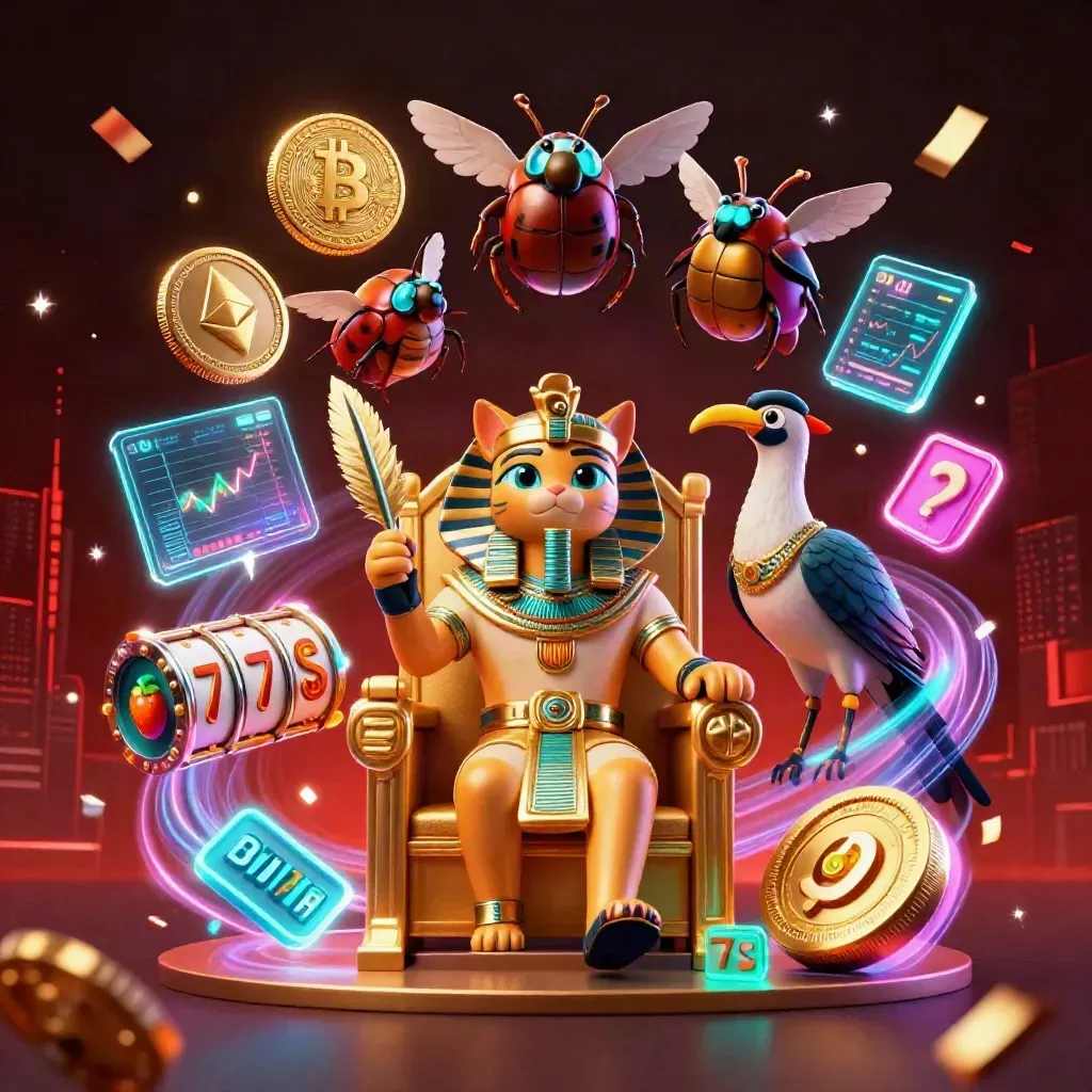 Pharaoh cat on throne with ibis scribe, scarabs, coins, and neon casino effects.