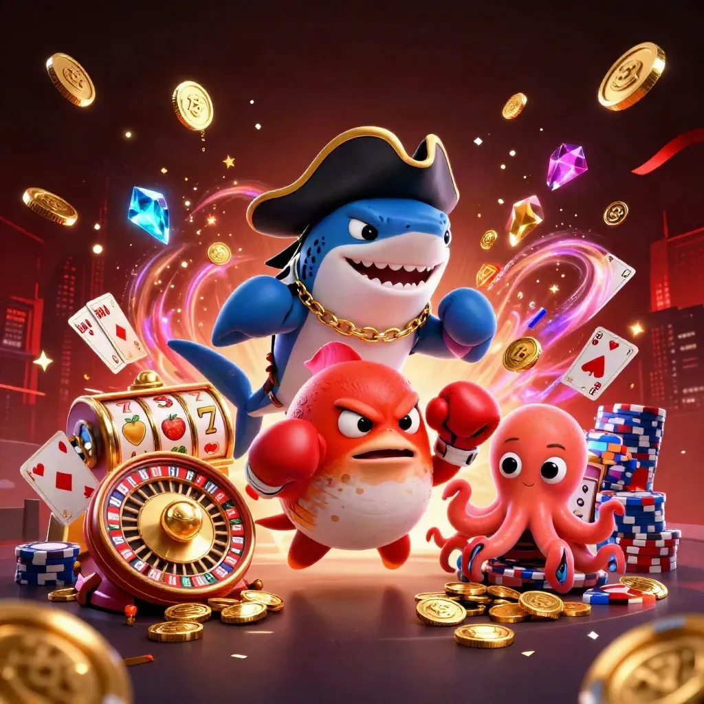 Pirate shark, boxing pufferfish, and juggling octopus amid coins, cards, chips, fireworks