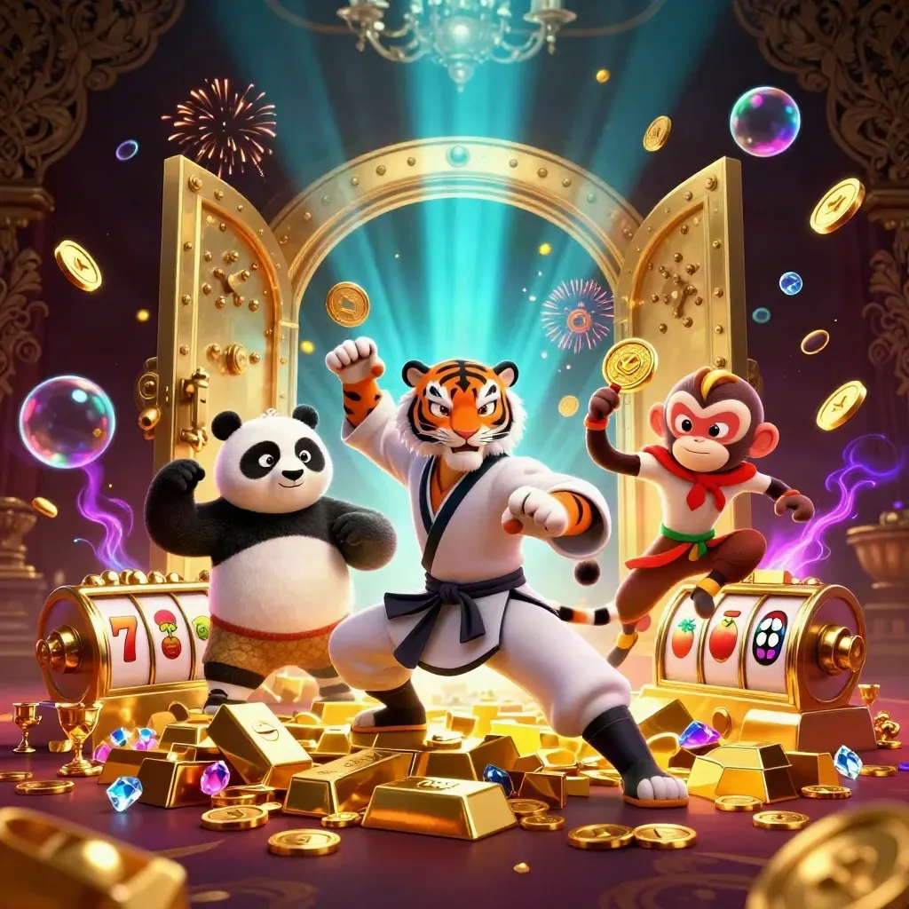 Tiger, panda, and monkey celebrate as a vault blasts gold, gems, reels, and neon light.