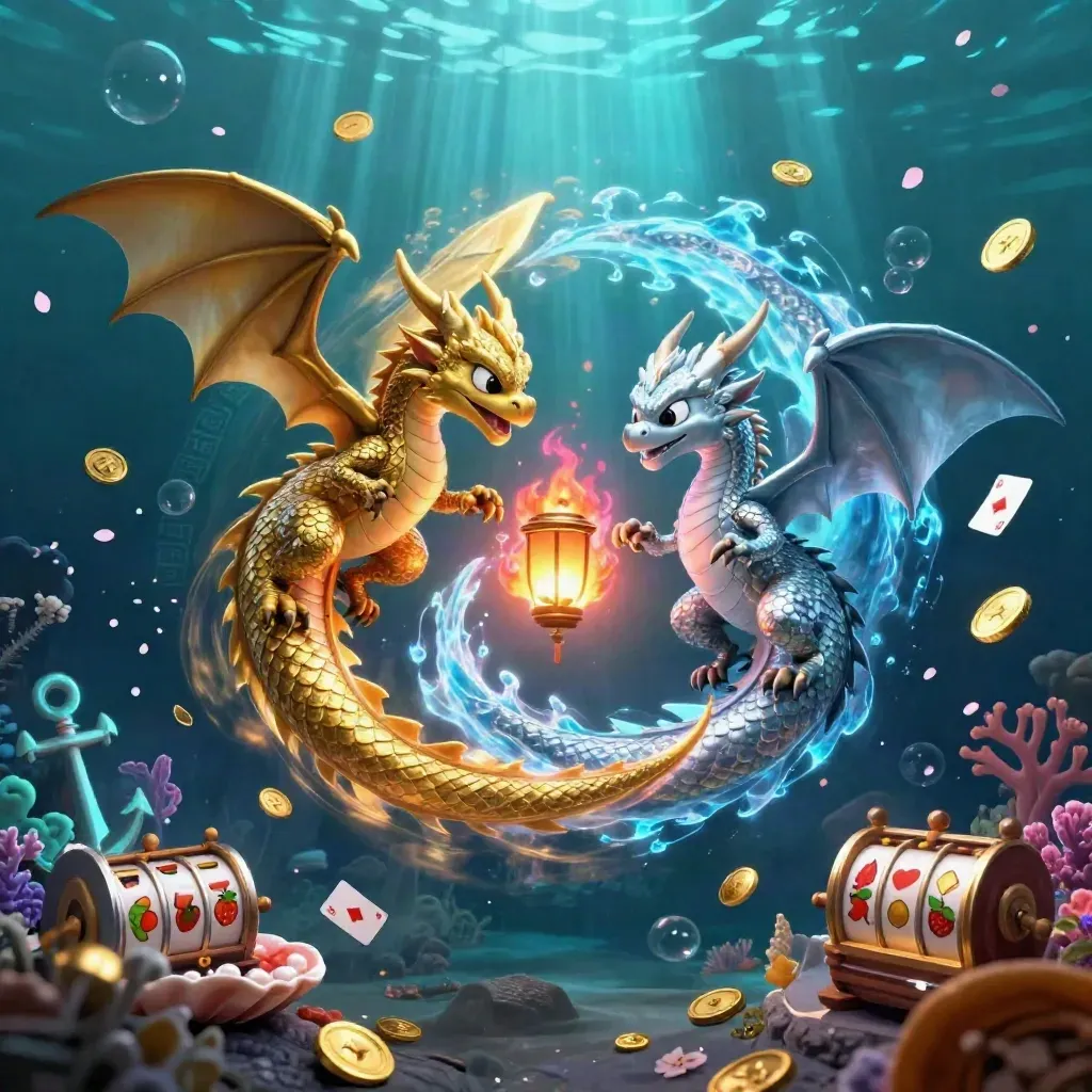 Twin gold and silver dragons whirl in a cyan-lit underwater treasure cove with runes and coins.