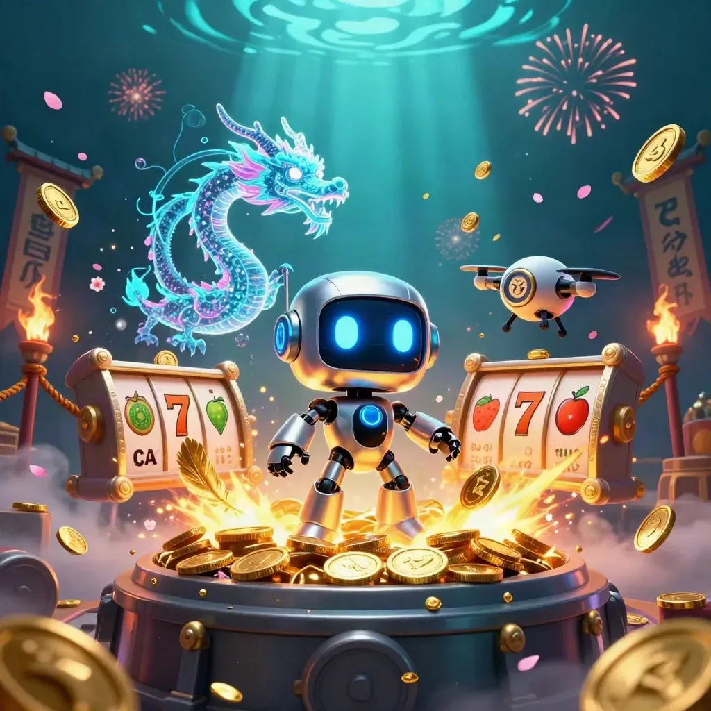 Cyberpunk robot, holographic dragon and coin drone amid exploding gold coins, reels and fireworks