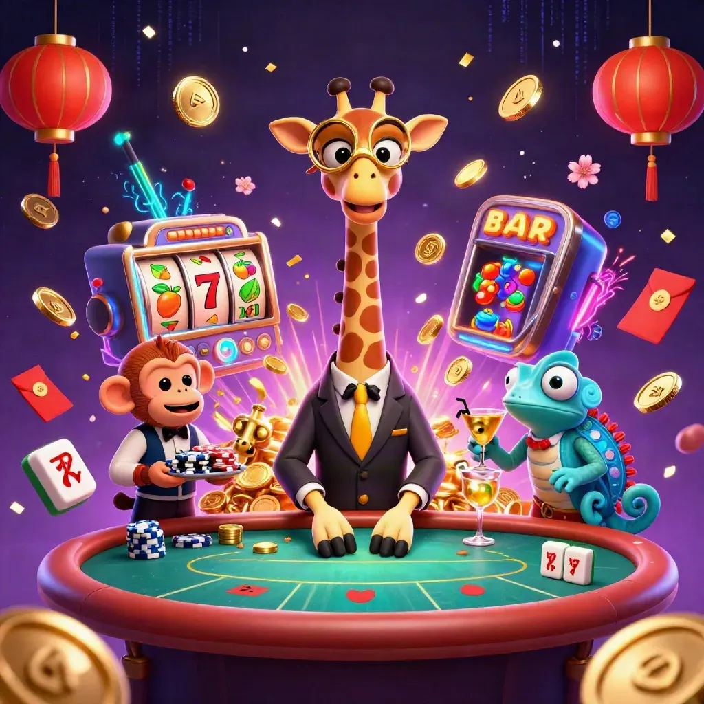Neon casino art with a giraffe high-roller, monkey valet, chameleon bartender, and exploding coins.