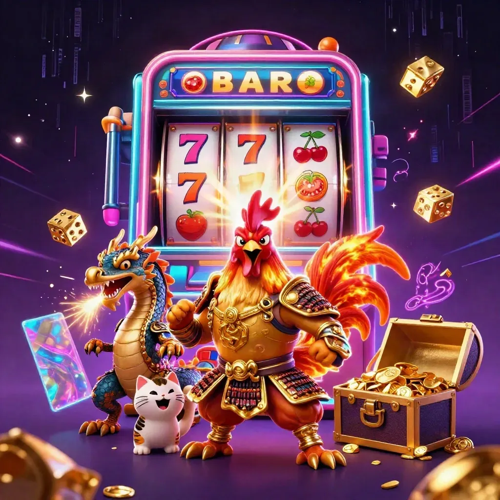Rooster warrior, dragon hatchling, and fortune cat burst from a slot machine with gold and neon energy.