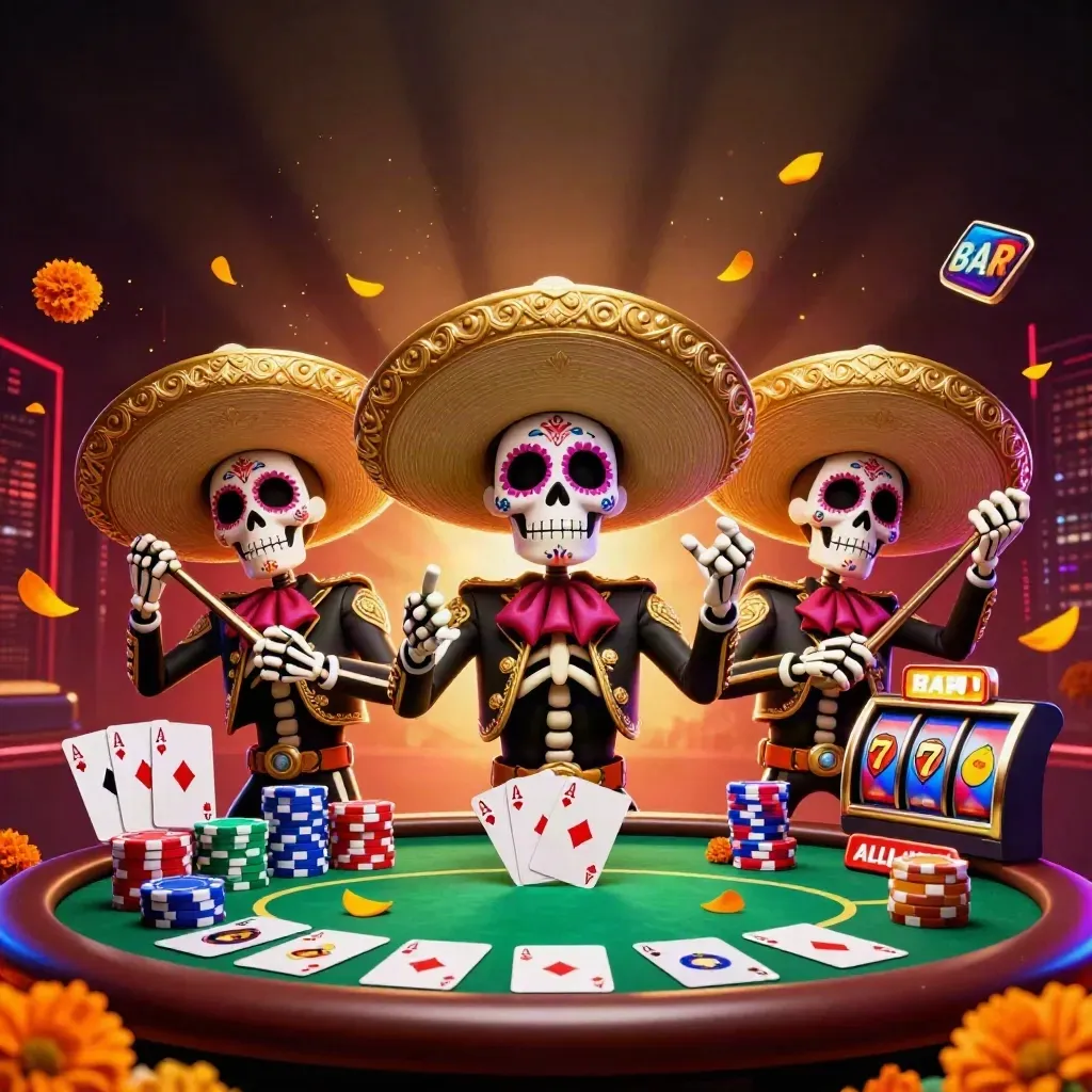 Skeleton mariachi trio amid poker chips, slots, and glowing casino effects on a dark neon backdrop.
