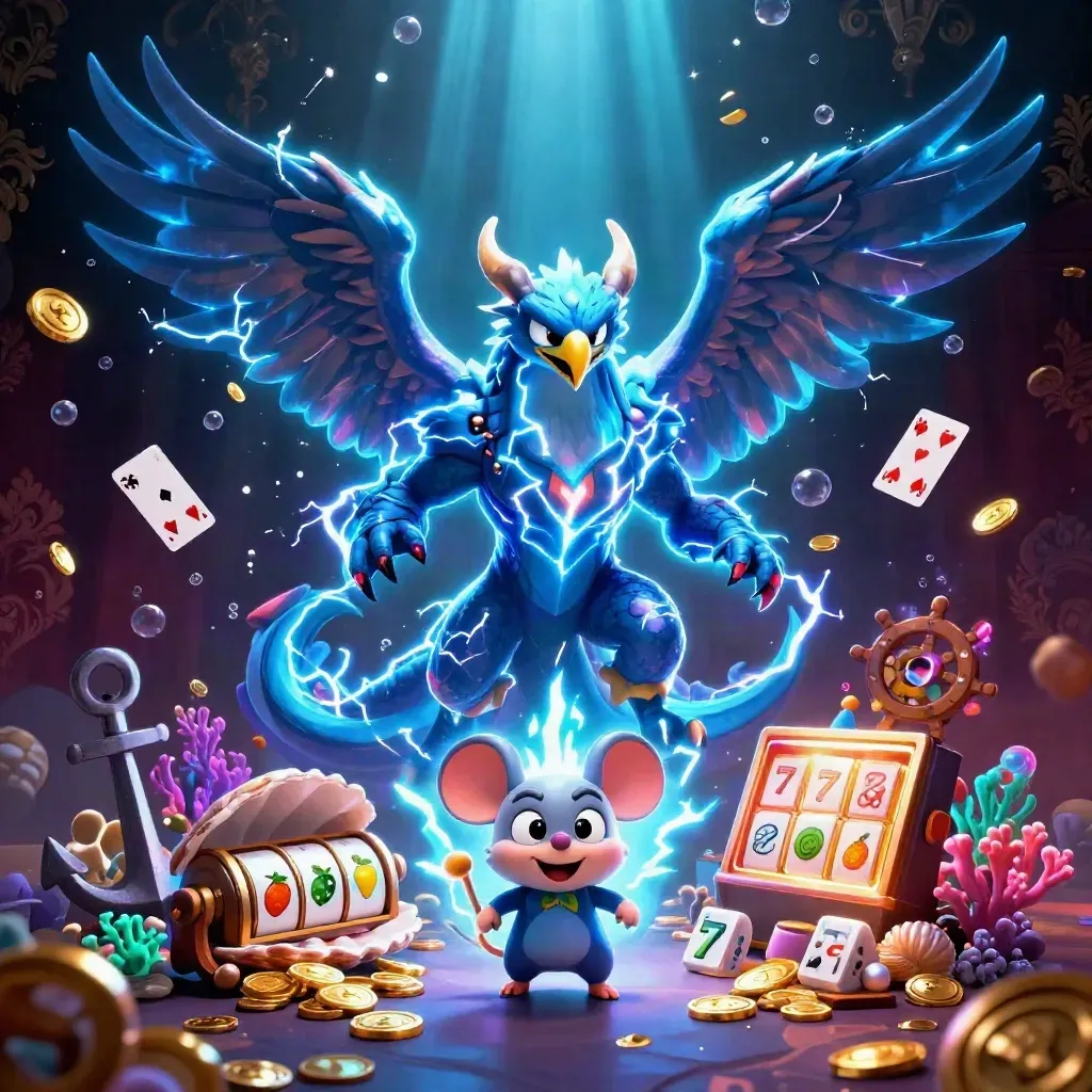 Thunder dragon, wind hawk, and static mouse amid casino treasure, reels, and neon cyan-gold glow