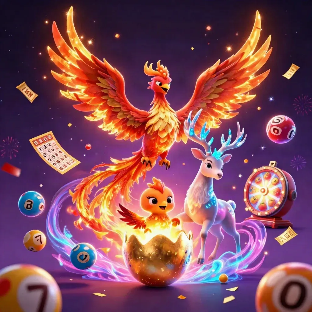 Phoenix, baby phoenix, and crystal-antler stag amid neon casino effects and spinning prizes.