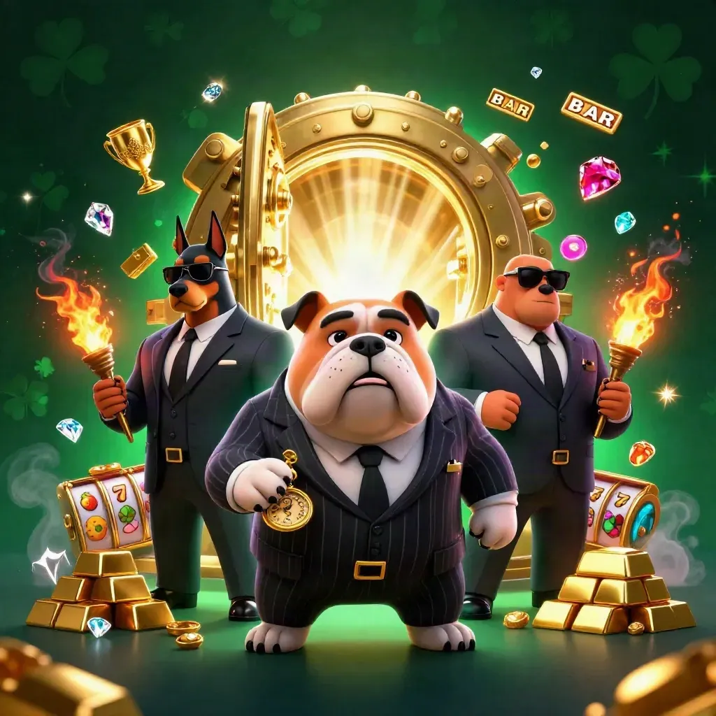 Bulldog gangster and two doberman guards burst from a glowing vault with gold, gems, and slot symbols.