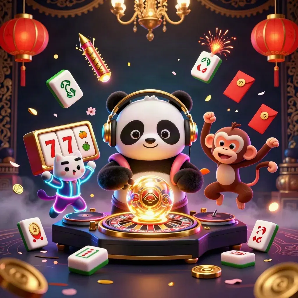 DJ panda, breakdancing monkey and glow-stick kitten around a neon jackpot orb and slot symbols.