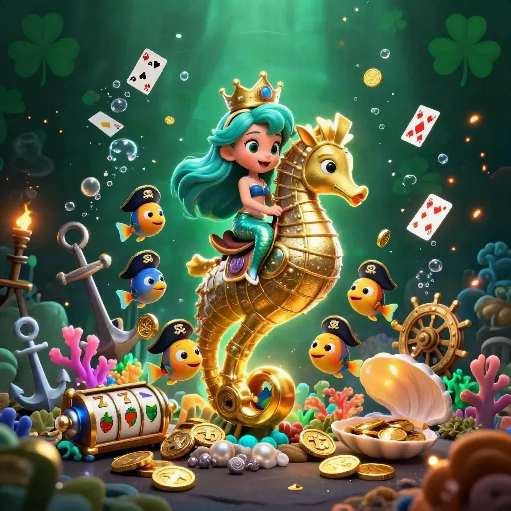 Mermaid princess on a golden seahorse amid coins, fish pirates, reels, and neon casino glow.