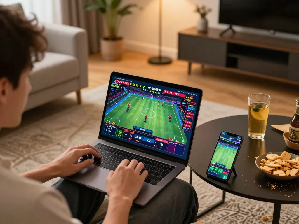 Engaging in online sports betting with XX88 TODAY on a stylish laptop, showcasing live odds.