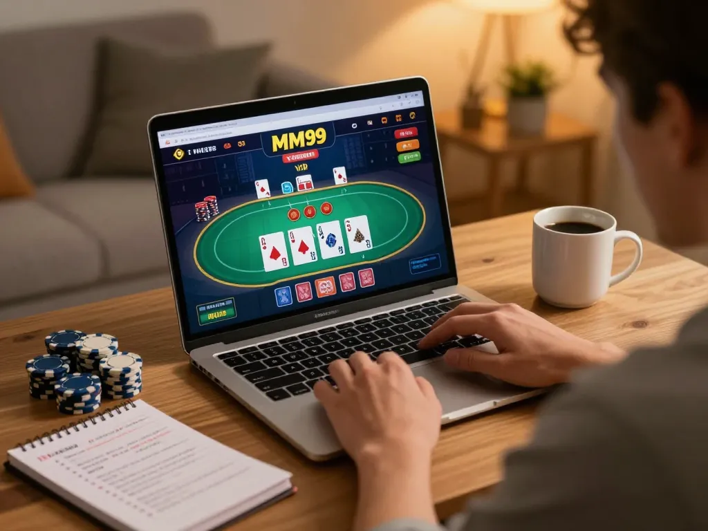 Gamer enjoying an online poker game at MM99 with laptop and strategy notes, focused and engaged.