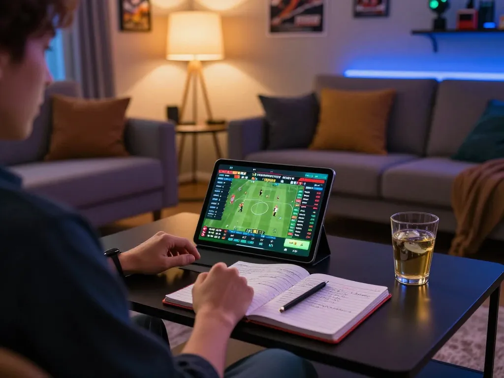 Engaged user analyzing live sports odds on nowgoal in a cozy home environment.