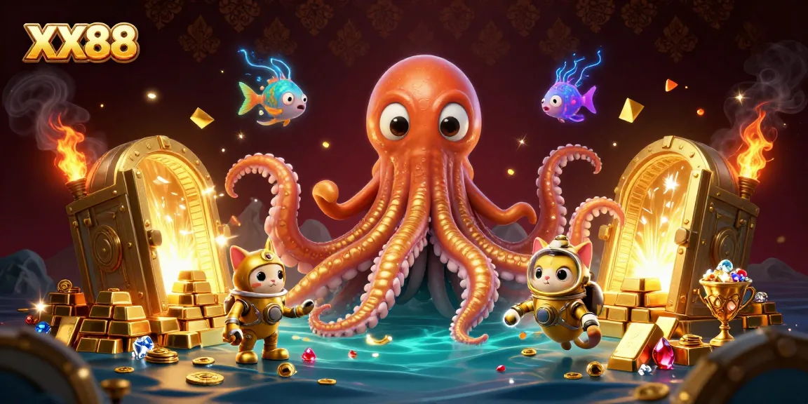 Win big at XX88 with an exciting 3D illustration of a kraken and diving cat amidst treasures.