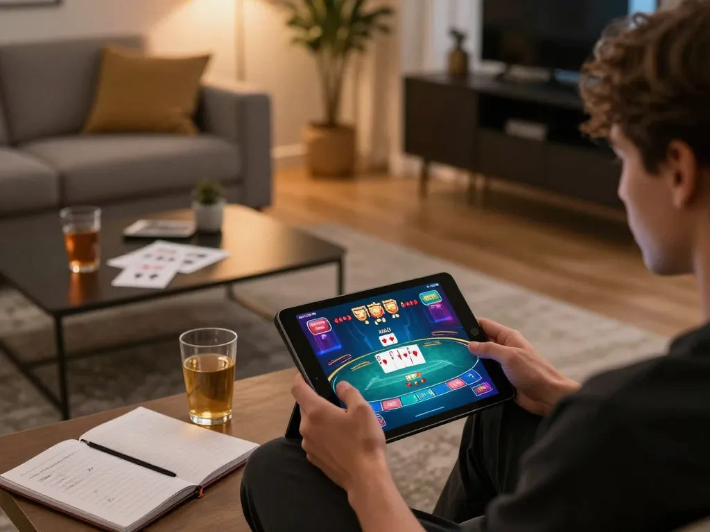 A player enjoys poker on their tablet at home, exploring games on okking1.