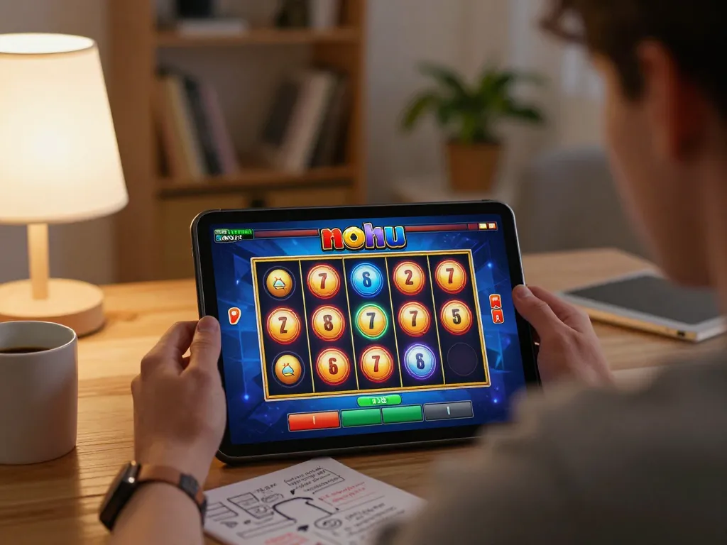 Nohu slot game in action, showcasing player engaged in online gaming session with colorful reels.