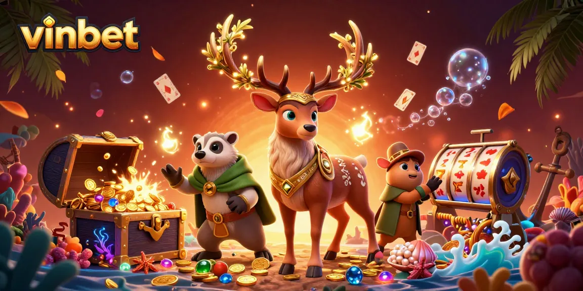 Experience thrilling entertainment with vinbet through this vibrant 3D casino scene featuring slot games and treasure excitement.