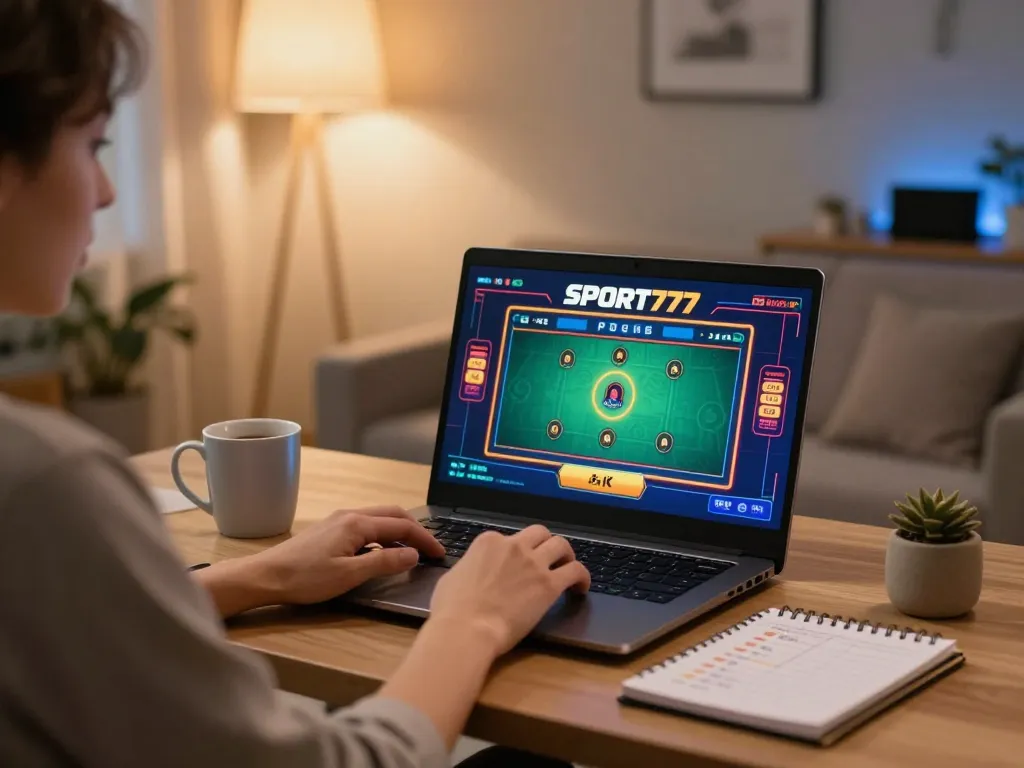 Terlibat dalam permainan strategis di platform kasino online SPORT777 dengan laptop dalam suasana rumah yang nyaman.