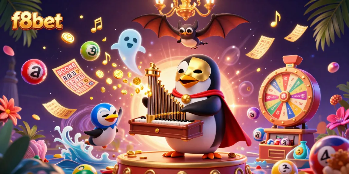 Experience thrilling wins with f8bet as golden coins rain from a pipe organ in this exciting casino illustration.