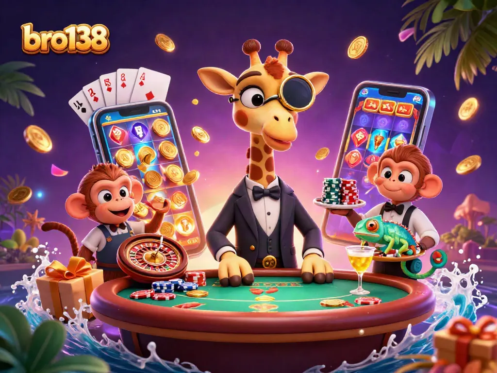 Engage with bro138’s vibrant online gaming scene featuring a giraffe, monkey, and chameleon.