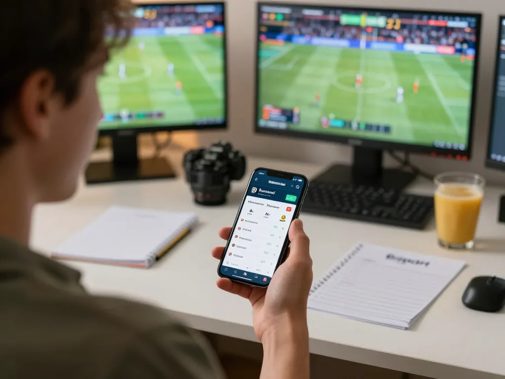 Person using the Bsport app to place sports bets in a modern home office environment
