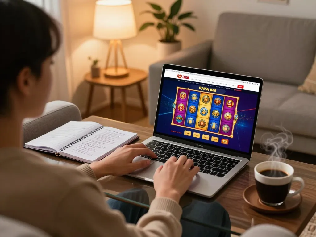 Player engaging with FAFA 828 online casino gaming on a laptop, showcasing a colorful slot game.