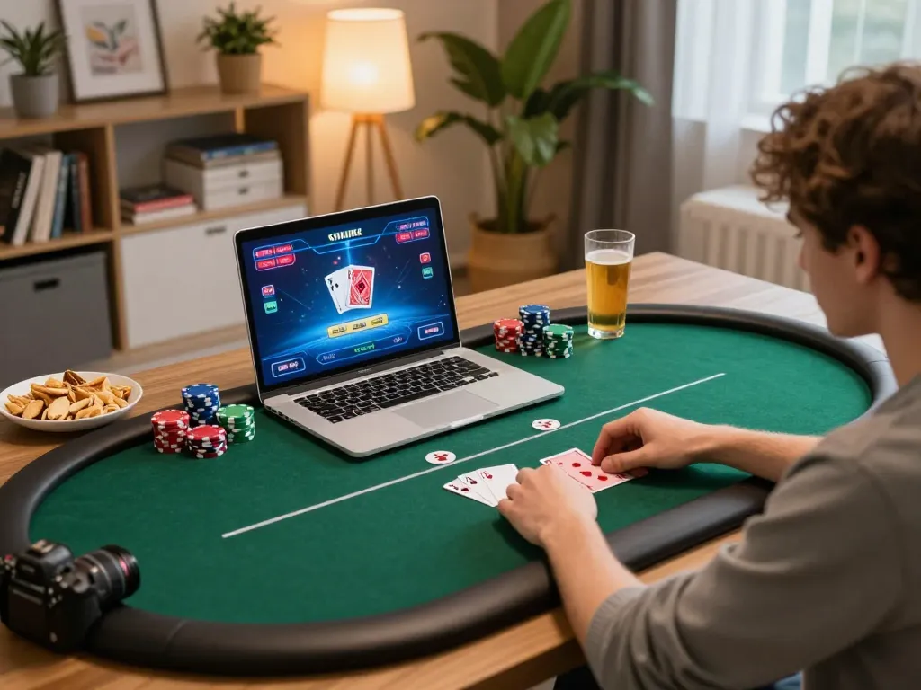 Play poker online through taixiusunwin.art in a cozy home gaming setup, highlighting strategic play.
