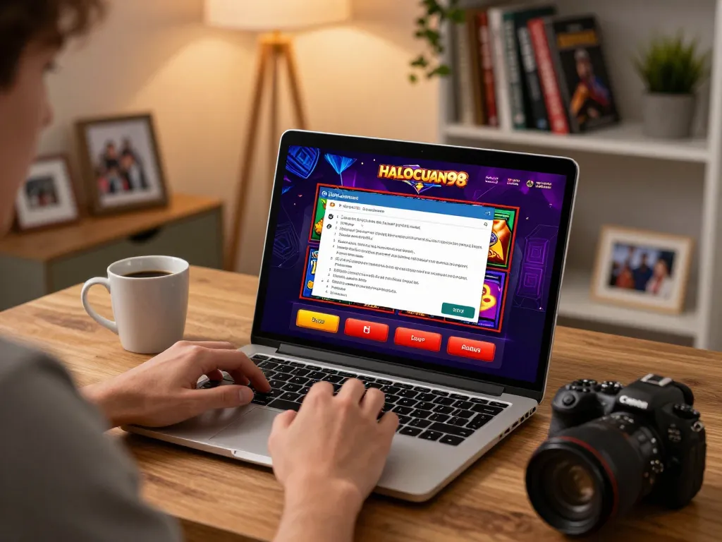 Berpartisipasi dalam permainan online HALOCUAN98 di rumah, menampilkan strategi di layar.